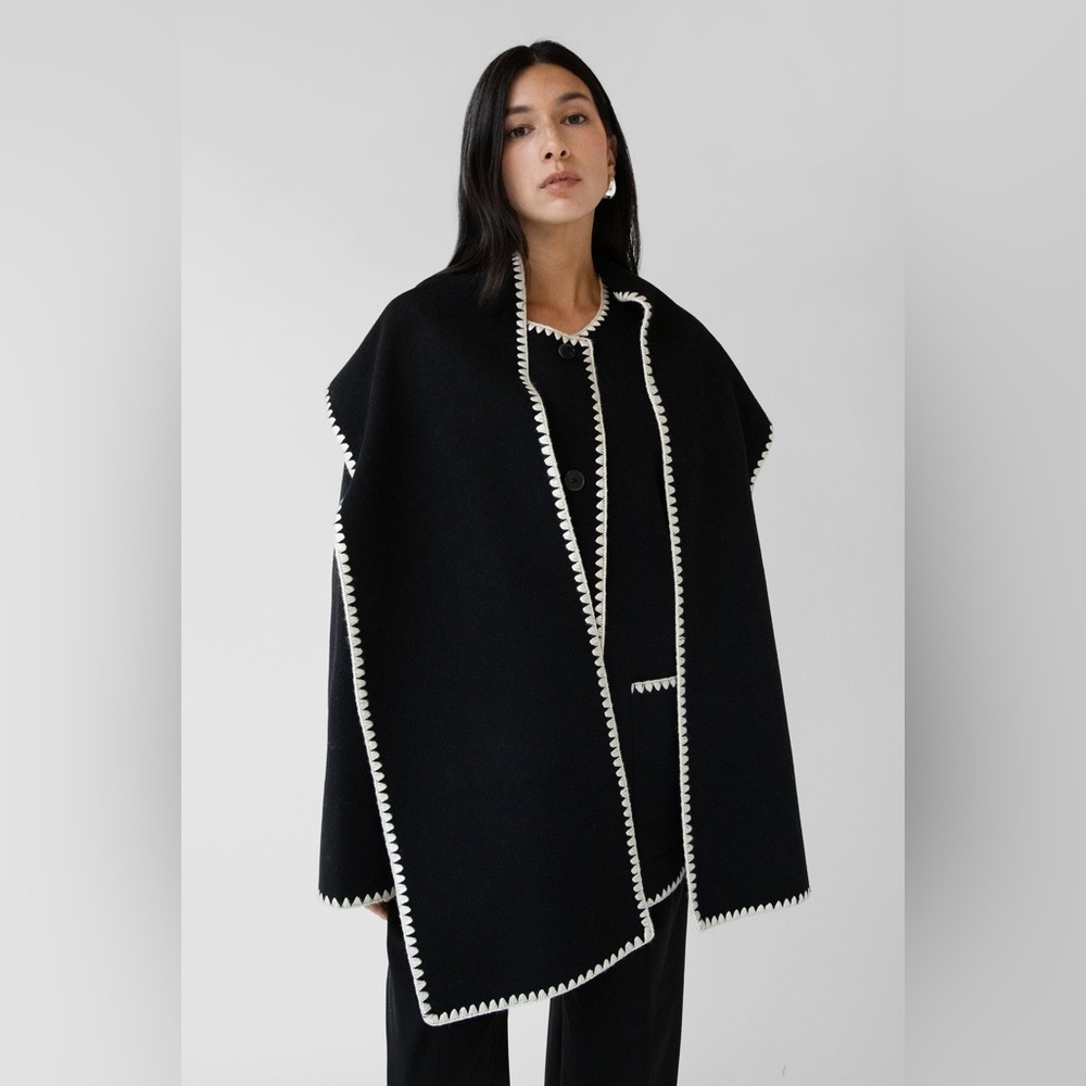 Brand New Oak & Fort Wool Blend contrast stitch scarf jacket in black and white